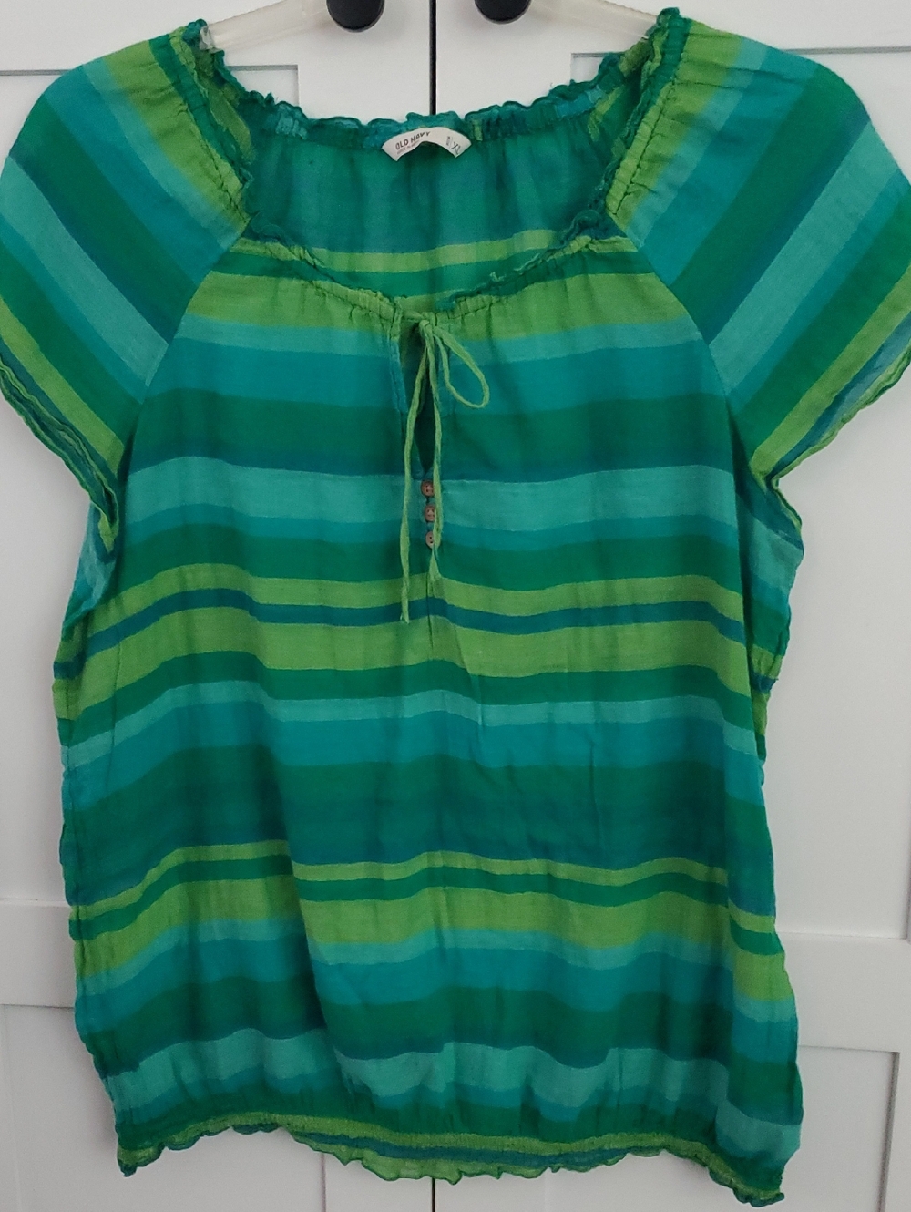Old Navy Green & Teal Striped Peasant Top